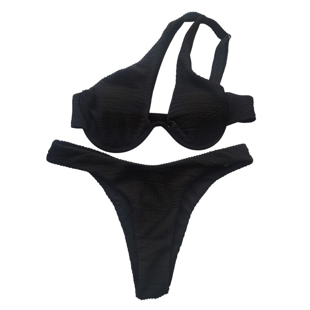 Women's Black Textured Bikini Swimsuit Size L